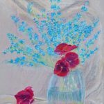 Keiko Araki - Kwiaty ostróżki w szklanym wazonie