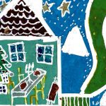 kartka świąteczna z choinkami i domkiem