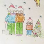 kartka świąteczna z choinkami i rodzinka w maseczkach