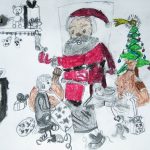 kartka świąteczna z choinkami i Mikołajem