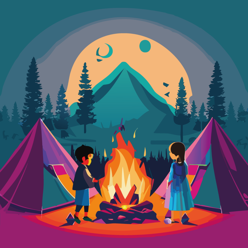 dwoje indiańskich dzieci stojących przy ognisku otoczonym górami i namiotami tipi